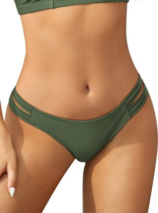 SHEKINI Womens Bikini Bottoms Low Rise Brazilian Thong Strappy Low Rise Swim Bottom Retro Basic Modest Coverage Tankini Swimwear Shorts High Cut, Olive Green,