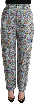 Dolce & Gabbana Womens Floral Print Distressed Jeans Pan72791 - Light Blue