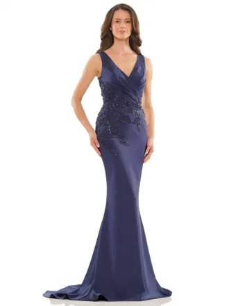Colors Dress Wrapped V-Neck Applique Gown In Navy