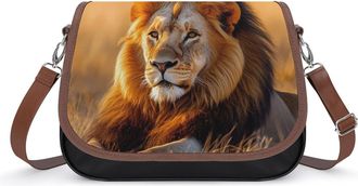 Generic Adult Male Lion Sunset Crossbody Bag Womens Handbag PU Message Bags Shoulder Purse with Adjustable Strap