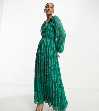 Asos Tall ASOS DESIGN Tall floral jacquard burnout pleated midi dress with ruffle neck and open back in dark green