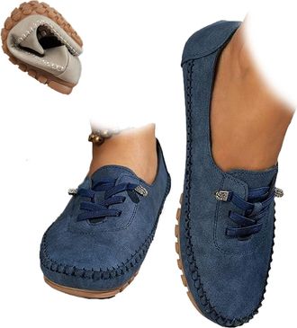 Generic Womens Comfortable Soft Hand-Stitched Genuine Leather Loafers, Vintage Leather Orthopedic Loafers, Wide Fit Breathable Slip-On Walking Shoes (Blue,7.5