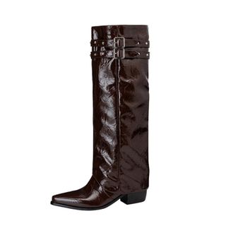 Generic Womens Pointed Toe PU Leather Western Cowboy Boot Mid Chunky Heel Long Boots Pull on Knee High Boots with Studded,Brown,2.5 UK