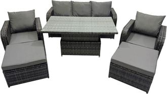 Fimous Rattan Garden Furniture Dining Set 6-seater Patio Height Adjustable Rising Lifting Table Sofa Set with 2 Big Footstools Dark Grey Mixed - Fimous