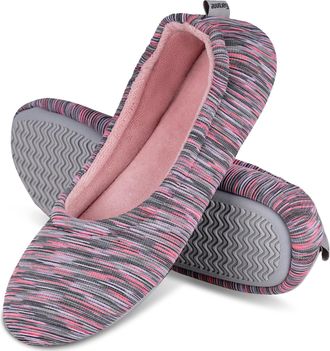 Garonne Womens Ballerina Slippers with Memory Foam and Rubber Sole, Womens Non-Slip Slippers for Bedroom Indoor, Pink, 6/6.5 UK