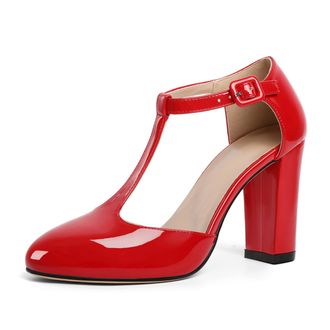 EDEFS Womens Red Patent Mary Jane Heels with T Strap 3.5 Inch Block Heel Court Shoes Closed Toe Dress Heels for Party Wedding and Work UK2