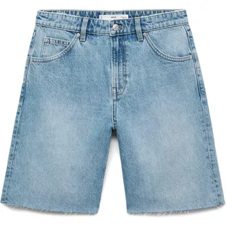 Mango Frayed Denim Bermuda Shorts in Medium Blue at Nordstrom Rack, Size 12