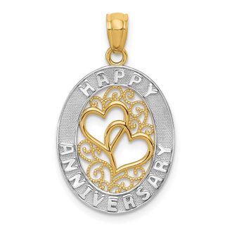 Diamond2Deal 14k Yellow Gold White Rhodium HAPPY ANNIVERSARY Hearts Pendant