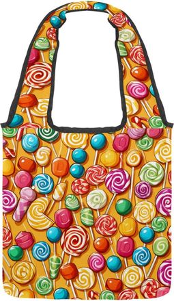 Generic Yellow Candy Pattern Reversible Canvas Shoulder Tote - Double-Sided Print, 12oz Cotton, 27cm Drop, Fold-Flat Bag for Travel, Shopping, Street Outings