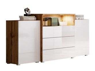 Mirjan24 C&oacute;moda Sarasota 127, Roble Wotan + Blanco Brillante, Con Cajones Y Puertas, N&uacute;mero De Cajones: 0, 81x150x39cm, Led