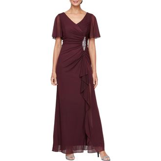 Alex Evenings Flutter Sleeve Faux-Wrap Gown in Wine at Nordstrom Rack, Size 8