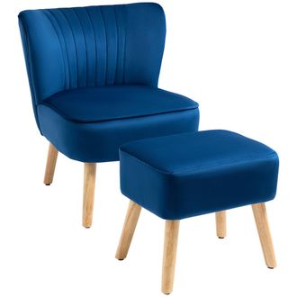 HOMCOM Velvet-Feel Accent Chair w/ Ottoman Tub Seat Padding Wood Legs Dark Blue | TJ Hughes