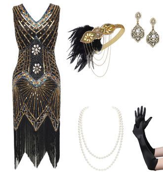 Babeyond Womens Flapper Dresses 1920s V Neck Beaded Fringed Great Gatsby Dress, Set - Gold, XX-Large