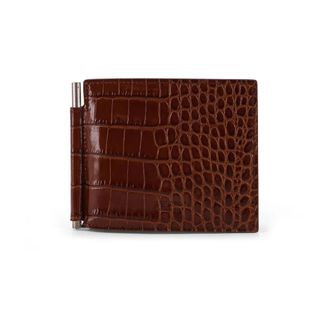 Tom Ford Accessoires, Heren, Bruin, ONE Size, Leer, Glanzende Portemonnee met Krokodillenprint en T-lijn Geldclip