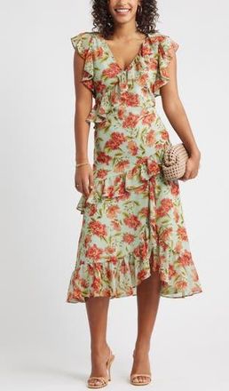 Chelsea28 Ruffle Tiered Chiffon Midi Dress in Green- Red Frannie Floral at Nordstrom Rack, Size Xx-Small