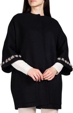 Agnona Black Cashmere Cape with Fur Trim Detail Size M