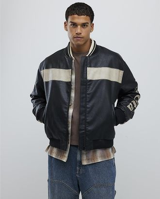 River Island Mens Bomber Jacket Black Sports Faux Leather - Size X-Large