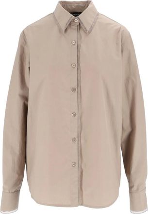 Fabiana Filippi Rechte popeline blouse met diamantdraad- tule detail - Dames - Overhemden - Bruin - S - Tule - Overhemden