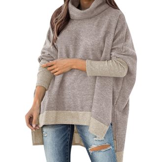 Generic Womens Casual Soft Sweaters Crew Neck Knit Tops Womens Solid Color Baggy Turtleneck Long Sleeved Pullover with Slit Olive Sweater for Men (Khaki, L)
