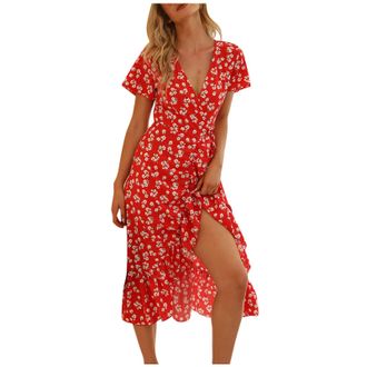 Generic Wrap Around Dresses for Women Sleeve Floral Print V-Neck Printed Womens Dress Dress for Women Mother of (Red, M)