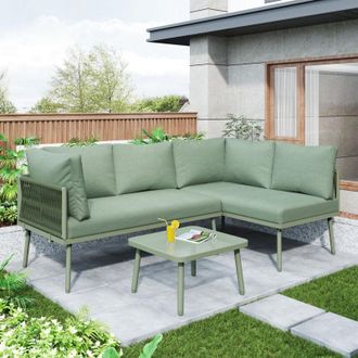 C&A L-Shaped Outdoor Lounge Set for 4-5 People with Glass Coffee Table-Space-Saving,Green Garden Furniture