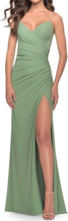 La Femme Ruched Jersey Dress With Slit In Sage