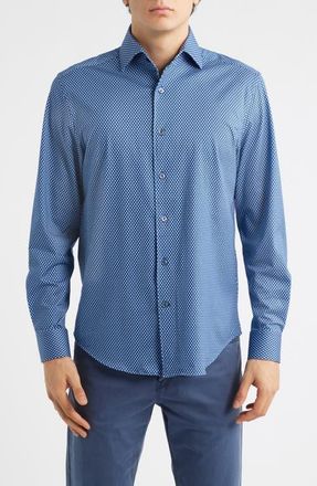 Bugatchi Devon OoohCotton Honeycomb Print Long Sleeve Button-Up Shirt in Navy at Nordstrom, Size Xxx-Large