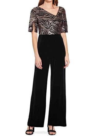 Adrianna Papell Sequined V-Neck Jumpsuit In Black Rosegold
