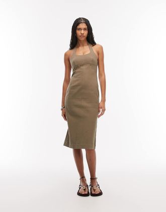 & Other Stories Vestito midi allacciato al collo kaki scuro-Verde