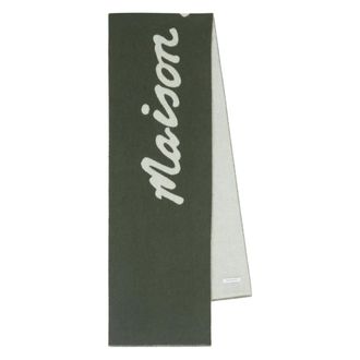 Maison Kitsun&eacute; Handwriting Scarf Dark Khaki Logo - female - Maison Kitsun&eacute; - Winter Scarves - Green - ONE SIZE - Accessories