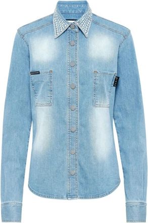 Philipp Plein Denim Shirt Lange Mouw Met Kristallen Kraag - Dames - Spijkeroverhemden - Blauw - XS - Denim - Overhemden
