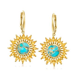 Ross-Simons Turquoise and Citrine Sunflower Drop Earrings in 18kt Gold Over Sterling