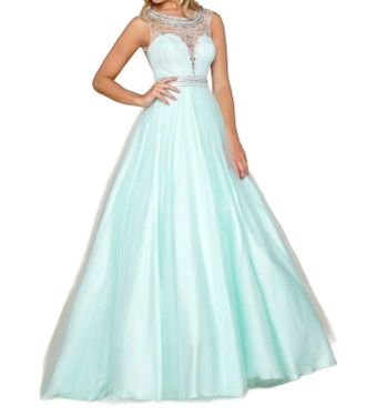 Mac Duggal Scoop Neck Beaded Ball Gown In Mint