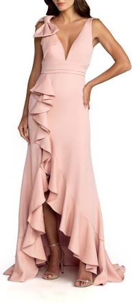 Mac Duggal Womens Crepe Sleeveless Ruffled V-Neck Gown With Bow in Blush at Nordstrom, Size 12