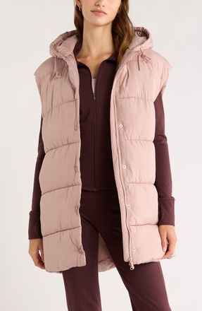Zella Longline Hooded Puffer Vest in Pink Fawn at Nordstrom, Size Large