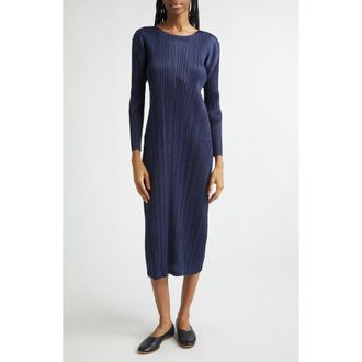 Pleats Please Issey Miyake Monthly Colors January Pleated Long Sleeve Midi Dress in Dark Navy at Nordstrom, Size 2