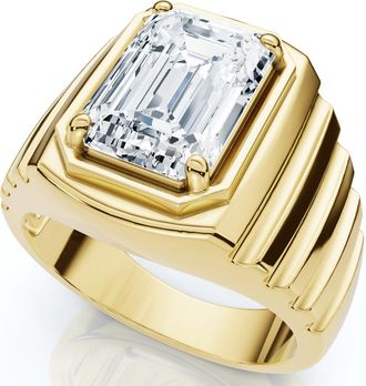 Pompeii3 Mens Certified 4Ct Emerald Cut Diamond Ring Ridged Gold Band Lab Grown
