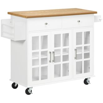 HOMCOM Carro De Cocina Isla De Cocina Con Ruedas Multifuncional Con 2 Cajones 3 Puertas De Vidrio Templado Toallero Y Especiero 124,5x39,5x90cm Blanco - Homc
