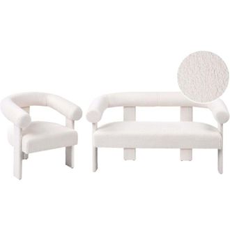 Beliani Sofa Set Off-White Boucle Fully Upholstered 2 Seater Armchair Retro Design Living Room ILBRO