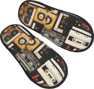 Generic Warm Slipper Vintage Audio Record Cassette Tapes Home Slipper Comfortable Fluffy Slippers Non-Slip Scuff Slippers For Bedroom Travel Party M
