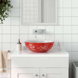 Berkfield Home Countertop Basin White & Red Round OE&para;41x14 cm Ceramic | Size: 41x14 cm