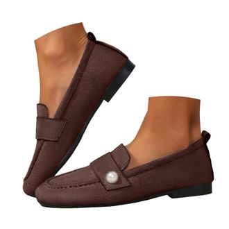 Generic Womens Faux Suede Loafers Casual Shoes for Women Slip On Ballet Flats Pearl Decor Lightweight Walking Shoes Fashion Low Top Square Toe Dating Work Lei