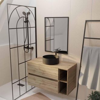 Aurlane Aurlane - Mueble De Ba&ntilde;o 100 Decoraci&oacute;n Roble, 2 Cajones, Lavabo Negro, Espejo 60x80