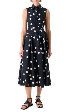 Akris Polka Dot Cotton Poplin Faux Wrap Shirtdress in Black-Cream at Nordstrom, Size 10