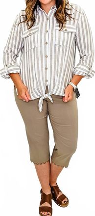 Multiples Stone Linen Striped Top With Tie Waist In Grey & White