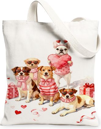 Generic ValentineS Day Dog Canvas Tote Bags, Cute Animal Love Pattern Reusable Grocery Bags, Lightweight Washable Shoulder Strap C, White, 13x15 Inch
