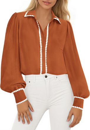 PrettyGarden Womens Long Sleeve Button Down Shirts 2025 Trendy V Neck Loose Fit Fall Tops Collared Dressy Casual Blouses, Orange, L