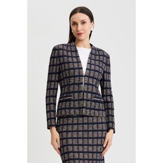 Ming Wang Checkered Knit Jacket in Indigo/warm Taupe/almond at Nordstrom, Size 2X