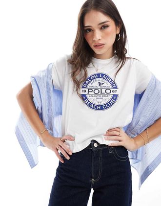 Polo Ralph Lauren T-shirt bianca e azzurra con stampa sul petto-Bianco