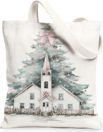 Generic Christmas Church Canvas Tote Bags, Vintage Holiday Tree Design Reusable Grocery Bags, Lightweight Washable Shoulder Strap C, White, 13x15 Inch